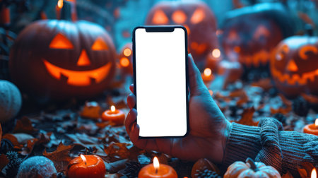 Close-up of a man's hand with a white-screen phone lying on the ground surrounded by burning candles, Halloween pumpkins and autumn leaves. A mockup of a modern stylish smartphone. Creepy Halloween atmosphereの素材