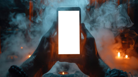 A man is holding a mobile phone with a white blank screen against a background of smoke and candles. The concept of advertising a mobile application. Smartphone mockup. Happy Halloween. A sorcerer stands at the altar and casts spellsの素材