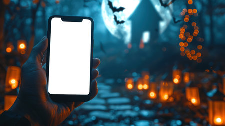 A man is holding a modern stylish phone with an empty white screen in a dark forest with burning candles against the background of a full moon and bats. A mockup of the phone. Halloween horror night. The scene is creepy and mysteriousの素材