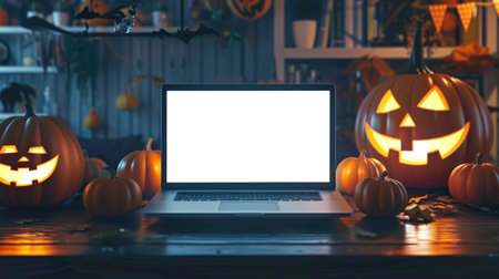 Laptop mockup in Halloween decorations. There is a laptop with a white screen on the table, surrounded by Halloween pumpkins and bats. Pumpkins are orange and look creepy. The laptop is open and ready to useの素材