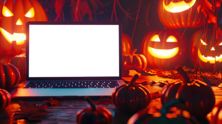 A mockup of a modern laptop in a creepy Halloween setting. There is an open laptop on the table with scary pumpkins. Pumpkins illuminated by candles inside. Happy Halloweenの素材