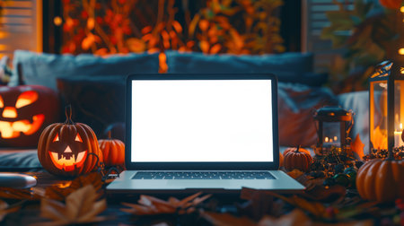 The laptop sits on a table littered with autumn leaves and scary Halloween pumpkins. A mockup of a stylish laptop with an empty white screen standing in a room with a sofa, a lantern with a candle and pumpkinsの素材