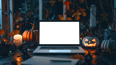 There is an open laptop with a white screen on a table with pumpkins, cones and burning candles. Laptop mockup. The table is decorated with Halloween items, which creates a creepy atmosphereの素材