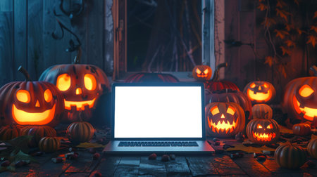 Laptop mockup. Happy Halloween. There is an open laptop on a wooden table in a dark room, and around it is a bunch of scary and sinister pumpkins. Pumpkins are of different sizes and they are all highlighted.の素材