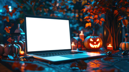 There is an open laptop on the table with a pumpkin and burning candles. A mockup of a modern laptop with a blank white screen in Halloween style. The glowy atmosphere of the mysterious dark forest.の素材