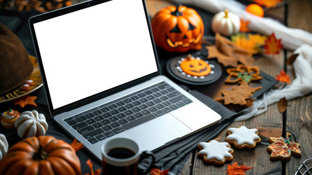 Trick or Treat. There is an open laptop on the table with a variety of Halloween treats, including cookies, candies and pumpkins. Laptop mockup in Halloween decorations. Happy Halloweenの素材