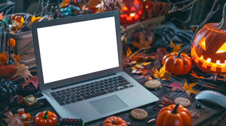Laptop mockup. An open laptop with an empty screen stands on a table decorated with Halloween decorations, including pumpkins, dry autumn leaves, cookies, sweets, etc. Website advertising, sales, discounts and promotionsの素材