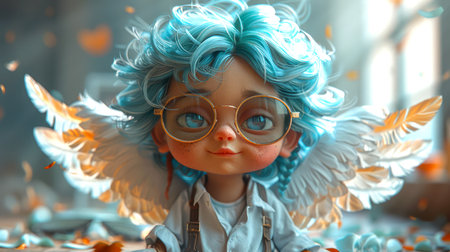 Cartoon blue-haired angel with open wings wearing glasses and a white shirt, close-up. Postcard design concept for February 14th, Valentine's Day. The character is smiling and he is happy.の素材