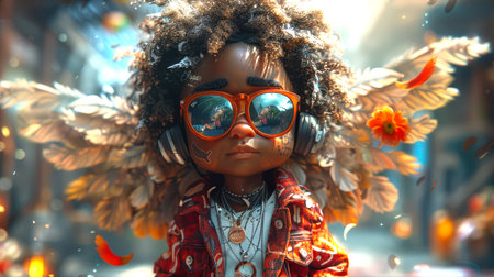 Stylish fashionable black African cupid-a kid with wings, wearing sunglasses and headphones stands on a city street. The 14th of February. Valentine's day. The image is made in a playful and funny style, making the character look cool and confidentの素材