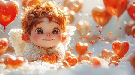 A funny red-haired cartoon angel sits in a pile of red and white hearts. Cupid holds a red heart in his hands. The scene is bright and cheerful. The concept of a poster or an invitation to a party on February 14th. Valentine's Dayの素材