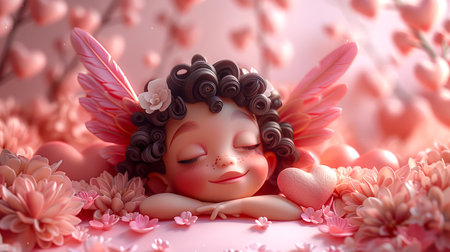 A cute cartoon cupid girl with curly hair sleeps on a bed of pink flowers and hearts. A romantic character by February 14th - Valentine's Day. Concert of a festive poster or bannerの素材