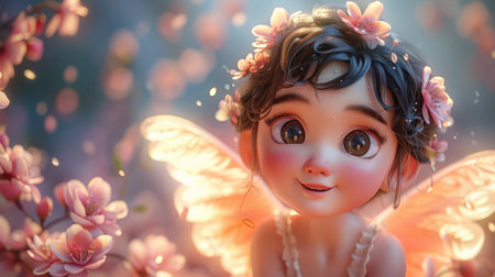 A young angel girl with a flower crown on her head is smiling radiantly. The concept of a backdrop for the design of a postcard for February 14 - Valentine's Day. A symbol of love and careの素材