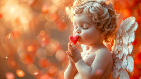 A small blond angel looking like a statue holds a red plush heart in his hands and kisses it. Cupid blows a kiss. The idea of a backdrop for the design of a Valentine's Day postcard, February 14th. Love and romanceの素材