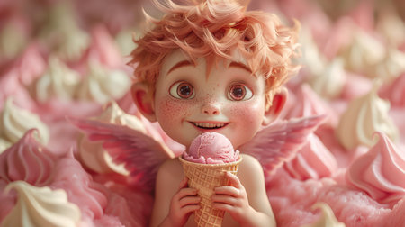 A red-haired cupid with freckles eats a cone of pink vanilla ice cream. The angel smiles and enjoys his treat. The concept of a postcard for February 14th, Valentine's Day. A celebration of loveの素材