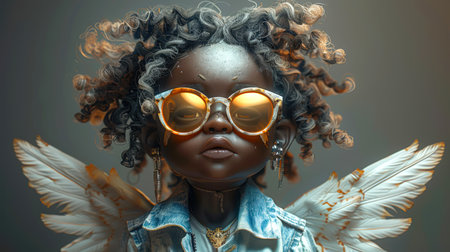 Stylish cupid. A cute black angel with feathered wings. A cartoon African girl with curly hair, wearing sunglasses and a denim jacket. The 14th of February. Happy Valentine's day. Portraitの素材