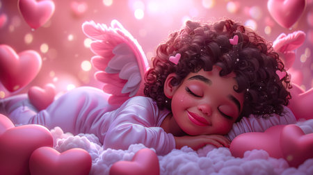 Curly-haired sleeping cupid. An angel sleeps on a pink cloud surrounded by pink hearts. The sweet dream of a child. The concept of a postcard for February 14th is Valentine's Day. Love and romance. Magic.の素材
