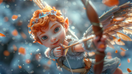 A red-haired angel with a bow and arrow aims at love. A cute cupid is flying in the sky. An angel at work. The banner for February 14th. Valentine's day. The concept of a festive gift card.の素材