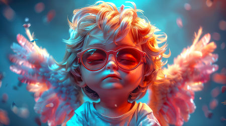 A little angel with blond hair, pink glasses and lush pink-and-white wings closed his eyes and thought about something. The concept of a festive poster for Valentine's Day. Stylish sweet cupid kidの素材