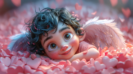 A pretty angel with white wings is playing on a bed made of a bunch of pink hearts. Cupid smiles and looks at the camera. Congratulations on February 14th - Valentine's Day. A symbol of love and careの素材