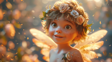 Close-up of a young angel girl with a flower wreath on her head and golden wings. The concept of a backdrop for a Valentine's Day postcard on February 14th. Poster with copy space for textの素材