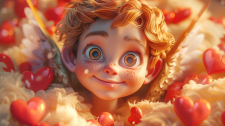 Close-up of the face of a happy angel with red hair, brown eyes and a smile. Cupid is surrounded by a bunch of red hearts. The 14th of February. Valentine's Day. The concept of warmth and love.の素材