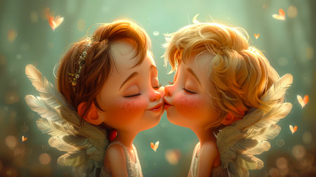 A blonde angel gently kisses a cupid girl. A symbol of love, romance and fidelity. Valentine's Day. Two small children kiss each other on the cheeks. The concept of a festive gift card.の素材
