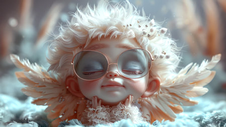 Close-up of a cartoon angel with wings and glasses sleeping on a warm fluffy blanket. The scene is peaceful and serene, the angel looks pleased. The 14th of February. Valentine's day. The concept of a gift cardの素材