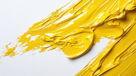 A yellow brush stroke on a white background. The brushstroke is long and textured, and there is a lot of paint on it. Abstract background. Colorful backdrop for the design. Rough smears of yellow ink. The patternの素材