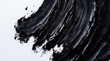 Close-up of black brushstrokes on a white background. Abstract mystical background. A backdrop for the design. The brush strokes are textural and messy. The strokes are very dense and bold, which gives the painting a sense of movement and energyの素材