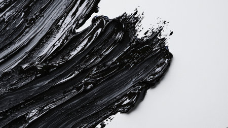 A mystical background for the design. The backdrop. Textural strokes of black acrylic paint on a white background. The smear is thick and dark and is part of a large artwork. The scene is somewhat dark and mysteriousの素材