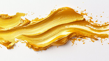 A smear of golden shining paint on a white canvas. Golden textured rough long and sinuous brushstroke, creating a sense of movement and energy. Luxury backdrop for the design. Beautiful abstract backgroundの素材