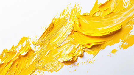 Chaotic strokes of yellow oil paint on a white canvas. Splashes of yellow paint on a white background. The spray has the form of a textural dense disorderly wave. Abstract background for the design.の素材