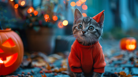 Happy Halloween. A funny cat in an orange sweater stands in front of a pumpkin in an autumn park. The scene is reminiscent of Halloween: the cat is dressed in a costume, and pumpkins create a festive atmosphereの素材