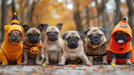 A group of French bulldogs dressed up in Halloween costumes. They are all sitting in a row in the autumn park and looking at the camera. Trick or Treat. A cute team of puppies.の素材