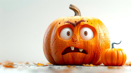 The Halloween symbol. A frightened pumpkin with big eyes and a scary face stands in a white room surrounded by autumn leaves. Smiley face in the form of a afraid pumpkin.の素材