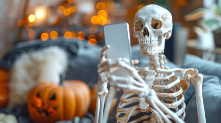 Happy Halloween. A skeleton is sitting on the couch and chatting on a mobile phone. The room is decorated with Halloween items, including a scary pumpkin. All Saints' Nightの素材