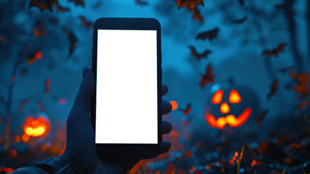 Smartphone mockup. A man is holding a phone with a white screen on the background of a Halloween scene. The scene includes several pumpkins and bats in a creepy scary dark forest.の素材