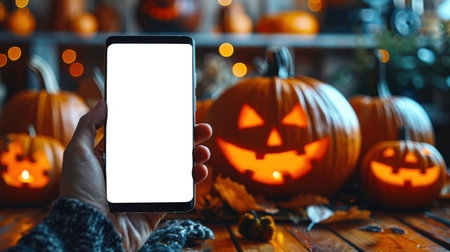 Happy Halloween. A man is holding a white-screen phone in front of a table lined with Halloween pumpkins. The pumpkins are orange, they depict scary faces. The scene is creepy and sinisterの素材