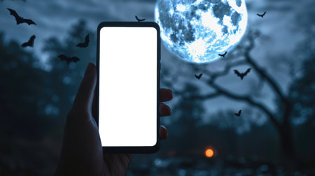 Halloween horror night. A man is holding a phone with a white screen against the background of a full moon and a flock of bats. Smartphone mockup. Halloween concept. A glowy mysterious background.の素材