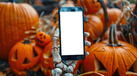 Halloween ads. A mockup of the phone. The skeleton holds a cell phone in his hand in front of a pile of pumpkins. The action takes place in a Halloween themed setting where a skeleton and pumpkins create a creepy atmosphereの素材