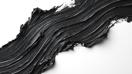 A textured smear of black gouache paint on a white background. A black abstract line on a white sheet. The line is made with black acrylic paint. A backdrop for the design. Hand-drawnの素材