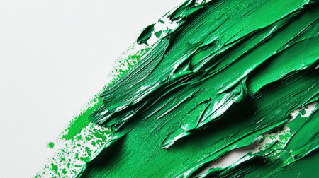 A green brush stroke on a white background. A textured brush stroke of green color. The brushstroke is bold and expressive, giving the painting a sense of movement. A backdrop for the design. Green backgroundの素材