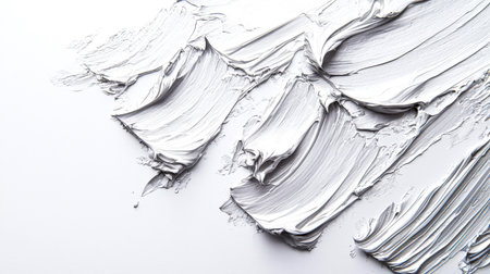 Close-up of dynamic strokes of silver paint on a white background. Abstract silver wave. The splashes are messy and have many textures, giving the impression of movement and energy. The scene is alive. Stylish backdropの素材