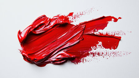 An expressive chaotic smear of red acrylic paint on a white canvas. Textured splashes of red oil paint on a white background. Hand-drawn. The splashes are erratic, the red paint is running down the edges.の素材