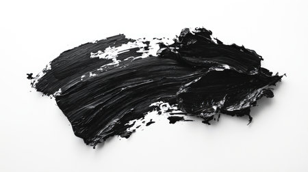 A hand-drawn smear of black acrylic paint on a white background. Close-up of a textured brush stroke. A wave element for the design. The brushstroke is thick and bold, which gives the painting a sense of depth and textureの素材