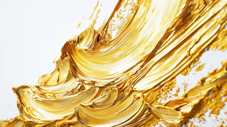 Elegant luxurious background. A backdrop for the design. A golden shining wave, hand-painted with acrylic paint. Brilliant brush strokes on a white background. There is a warm and endearing feeling coming from this painting.の素材