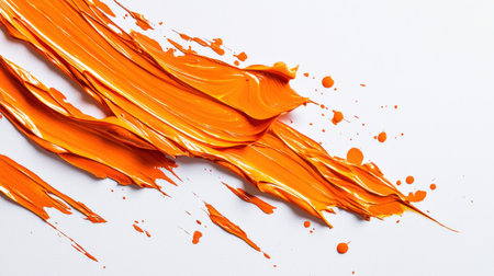 Stylish splashes of orange acrylic paint on a white background. Textural strokes of orange paint. The splashes are arranged in such a way that they create a feeling of movement and energy. The painting conveys a sense of chaos and excitementの素材