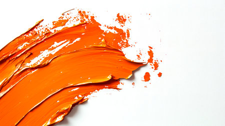 A bright juicy smear of orange paint on a white background. Textured splashes of orange acrylic paint on a white canvas. An element for the design. Stylish backdrop. The scene is dynamic and expressiveの素材