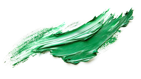 A careless brushstroke with a green acrylic brush on a white background, hand-drawn. A textured rough smear of green paint. An eco-friendly element for design. The smear is thick and very energetic.の素材