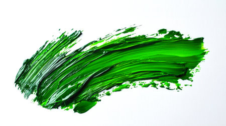Green eco-friendly design element on a white background. A green smear of oil paint. Textural expressive brushstroke on a white canvas, hand-drawn. A backdrop for the design. The brush stroke is long and gracefulの素材